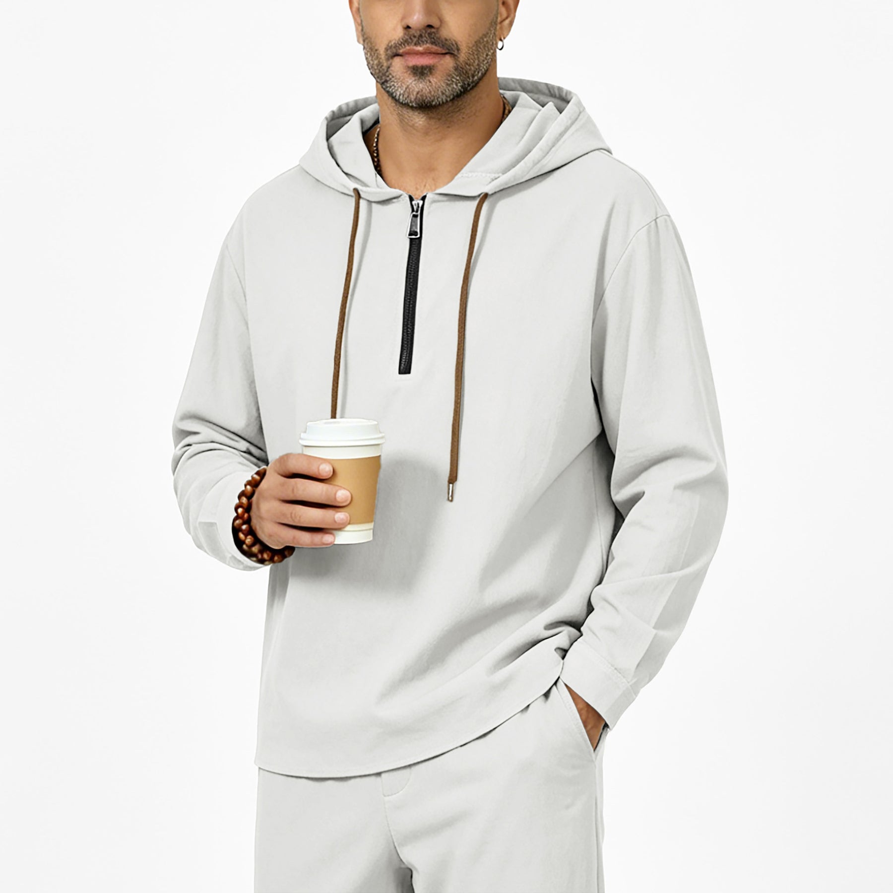 Men's linen hooded half-zip sweatshirt in various colors and sizes