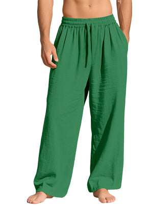 Men's linen casual sports pants with pockets and drawstring in various solid colors
