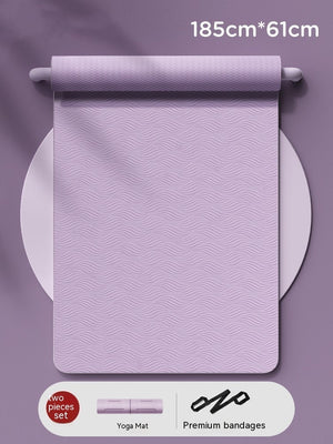 Premium yoga mat with binding rope in green, purple, and pink colors