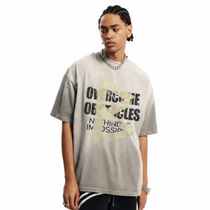 Loose washed cotton t-shirt for men in black and light gray with letter pattern