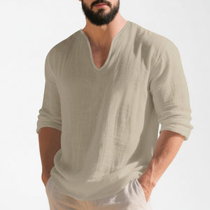 Men's linen v-neck long sleeve shirt in various colors
