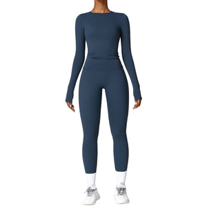 Women's quick-dry brushed yoga set with long sleeve top and high waist leggings in various colors