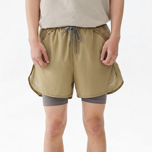 Men's elastic waist outdoor running shorts in various colors including Peachheart Red, Khaki, Dark Gray, and Taro Purple