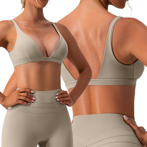 Women's deep V neck padded sports bra with removable pads in multiple colors