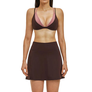 Women's quick-drying fitness workout set with sleeveless bra and short skirt in multiple colors