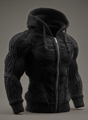 Men's black long-sleeve zip-up hoodie with digital print and 3D patch pockets