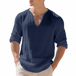 Men's linen v-neck long sleeve shirt in various colors