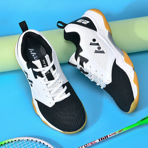 Men's mesh volleyball training shoes in white with blue, red, and black accents