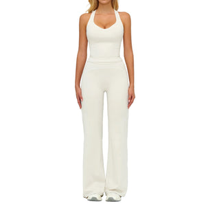 Womens yoga set with V-neck sleeveless top and slim straight pants in Badge Blue