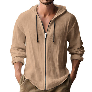 Linen hooded long-sleeve cardigan in various colors for casual wear