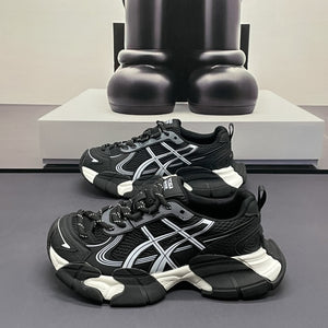 Men's ultra-light mesh dad sneakers in black, silver, and white with round toe and lace-up closure