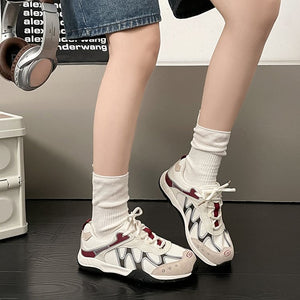 Women's retro color block mesh training shoes in grey and red with thick rubber sole