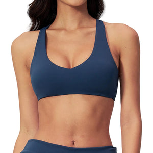Womens sporty wire-free nylon bra with crisscross back in multiple colors