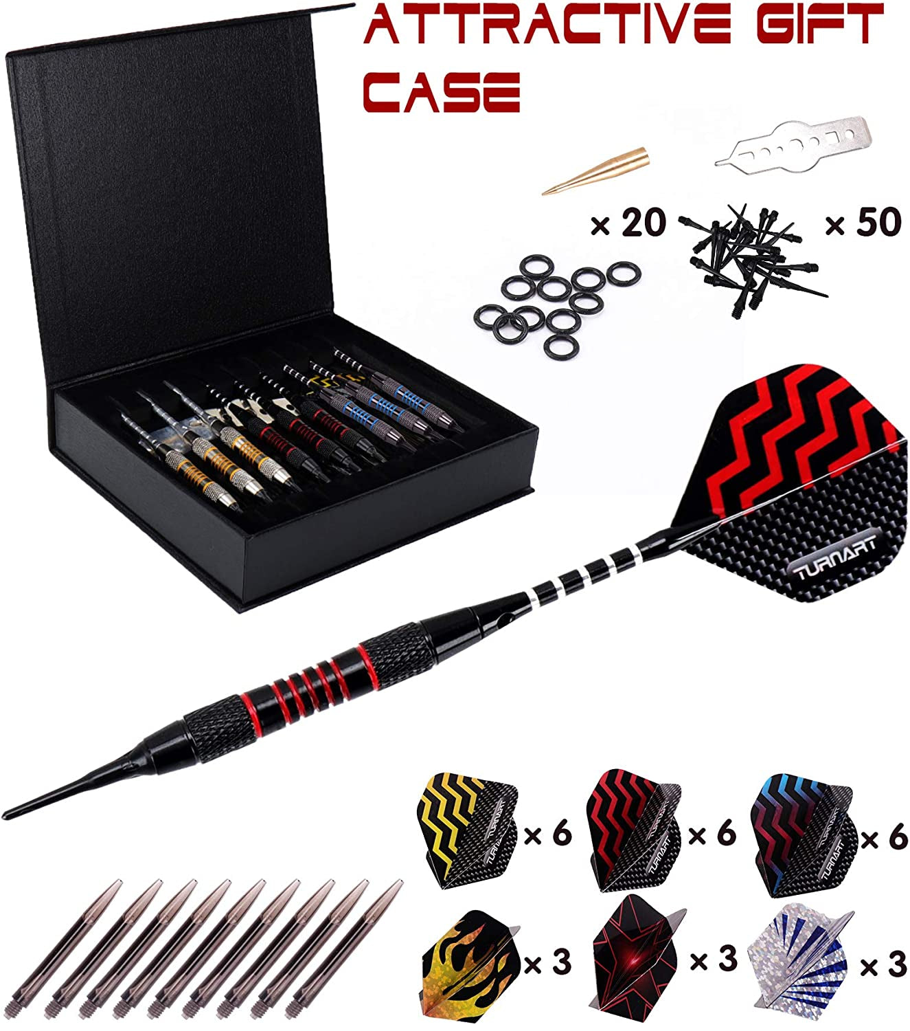 Professional Soft Tip Darts Set for Electronic Dartboards - 9 Pieces, 18 Grams with 50 Extra Tips, 9 Shafts, 27 Flights, Tool Kit, Flight Protectors, and Gift Case