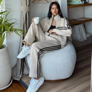 Women's contrast color sweatshirt cardigan and pants set in various colors