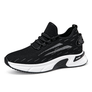 Invisible height-increasing running shoes with mesh upper in black and white colors