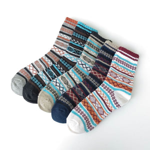 Vintage ethnic-style men's wool winter socks in assorted color block patterns