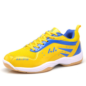 Unisex badminton training and running shoes in blue, sky blue, and yellow colors