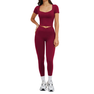 Women's outdoor running fitness workout set in various colors including black, brown, green, red, and camel