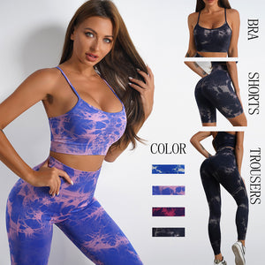 Women's tie-dye print yoga set with high waist shorts or trousers in various colors
