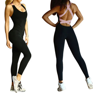Women's yoga workout fitness jumpsuit in multiple colors with strapped back design