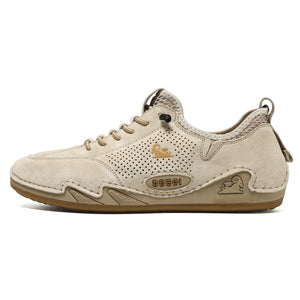 Men's breathable low-top casual shoes in gray and sand colors with pigskin upper and rubber sole