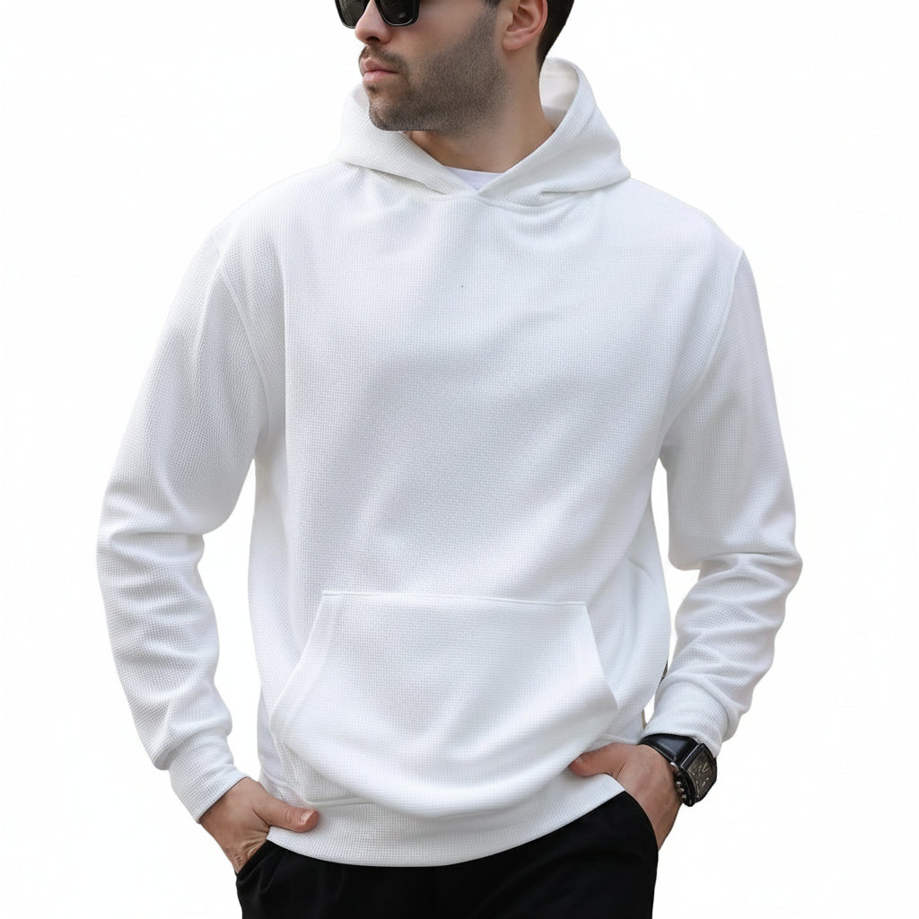 Men's casual long-sleeve hoodie in various colors including white, black, khaki, army green, and navy blue