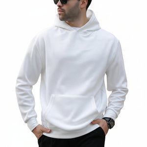 Men's casual long-sleeve hoodie in various colors including white, black, khaki, army green, and navy blue