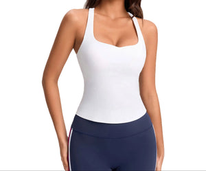 Women's padded sports vest with back support in Pool Party Blue, White, and Black