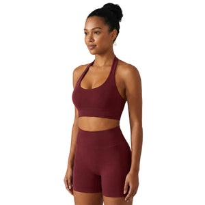 Women's halter sports bra and shorts set in multiple colors