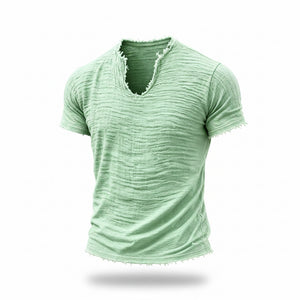 Retro cotton-linen v-neck t-shirt with feathered hem in various colors