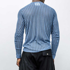 Men's blue textured striped loose-fit long-sleeve t-shirt