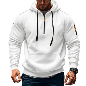 Men's long-sleeve hooded sweatshirt with patch pockets in various colors