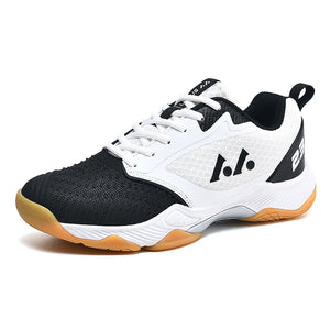 Men's mesh volleyball training shoes in white with blue, red, and black accents