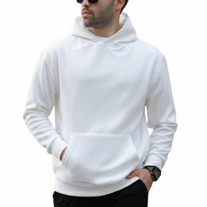 Men's casual long-sleeve hoodie in various colors including white, black, khaki, army green, and navy blue