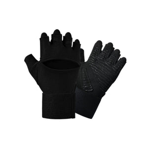 Gym gloves with built-in wrist straps in gray, black, and pink for pull-up and dumbbell exercises