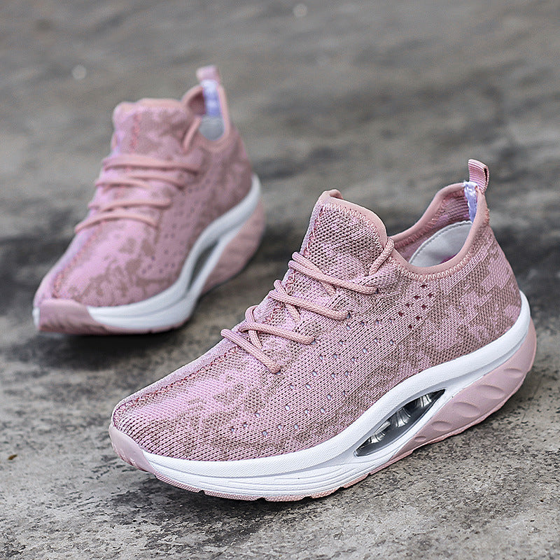 Women's breathable flyknit athleisure shoes in multiple colors with rubber sole and air cushion