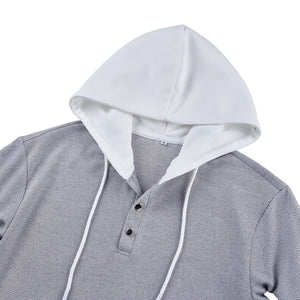 Gray textured waffle-knit long-sleeve hoodie with contrast color and buttons