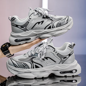 Men's breathable mesh platform sneakers in beige and gray with rubber outsole