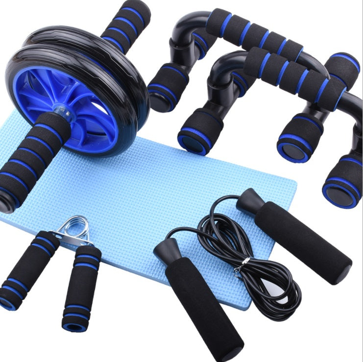 5 in 1 home fitness training kit including ab roller, skipping rope, gripper, and knee pads