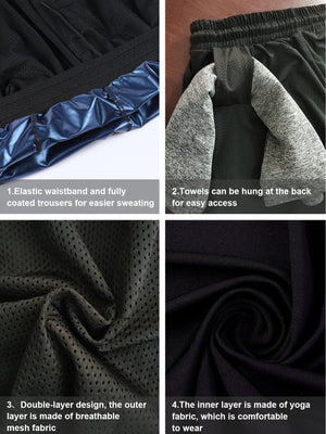 Men's blue 2-in-1 sauna sweat shorts with pockets shown from multiple angles