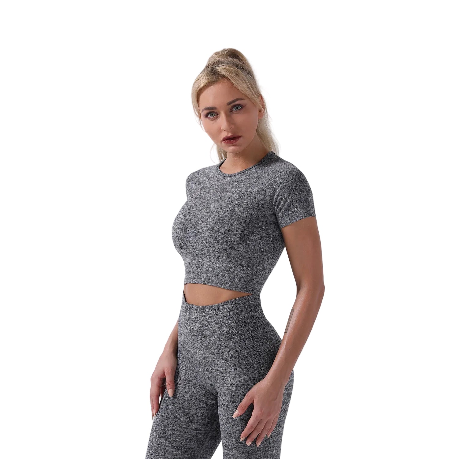 Seamless women's fitness yoga set in multiple colors including grey, pink, and blue