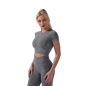 Seamless women's fitness yoga set in multiple colors including grey, pink, and blue