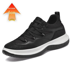 Men's black invisible height increasing casual shoes with front laces and breathable mesh lining