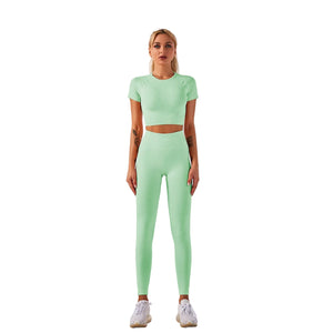 Seamless women's fitness yoga set in multiple colors including grey, pink, and blue