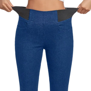 Women's fleece padded slim fit denim jeans in black and blue colors