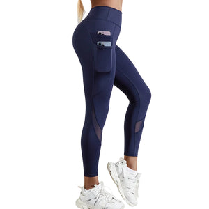 Women's performance yoga leggings in black and navy blue shown in various active poses