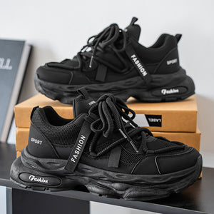 Men's autumn chunky dad sneakers in black and army green with lace-up closure