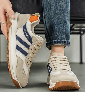 Men's wide toe Cortez-style sneakers in beige orange and black khaki with rubber outsole