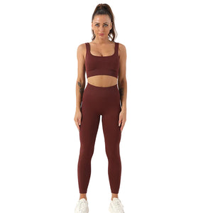 Seamless yoga set with high waist leggings and matching bra in various colors